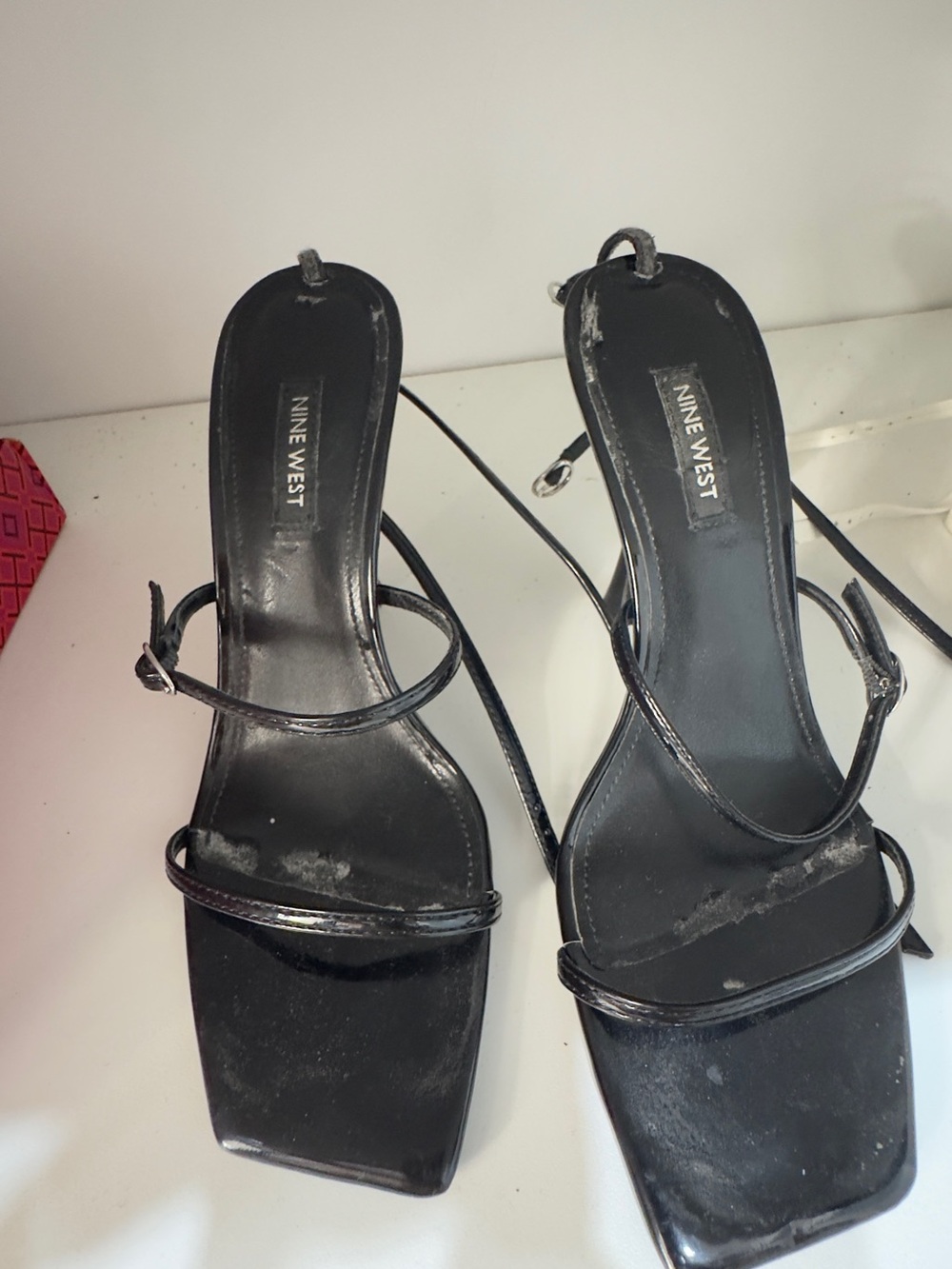 Nine West Black Patent Strappy Square-Toe Heels